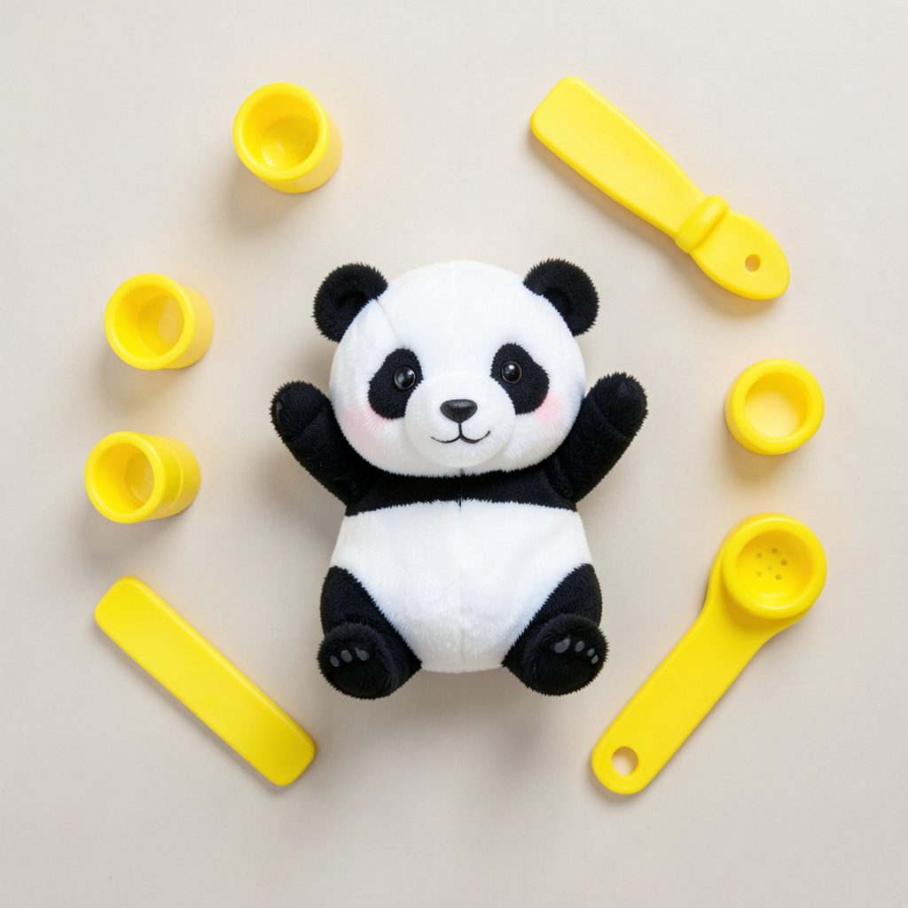 A friendly black and white panda sitting on a soft green surface, looking up with a curious expression, warm natural light, cheerful and playful mood.