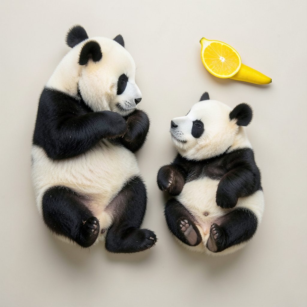 A parent panda and a small cub resting together on a log in soft light, black and white fur, tender and gentle mood.